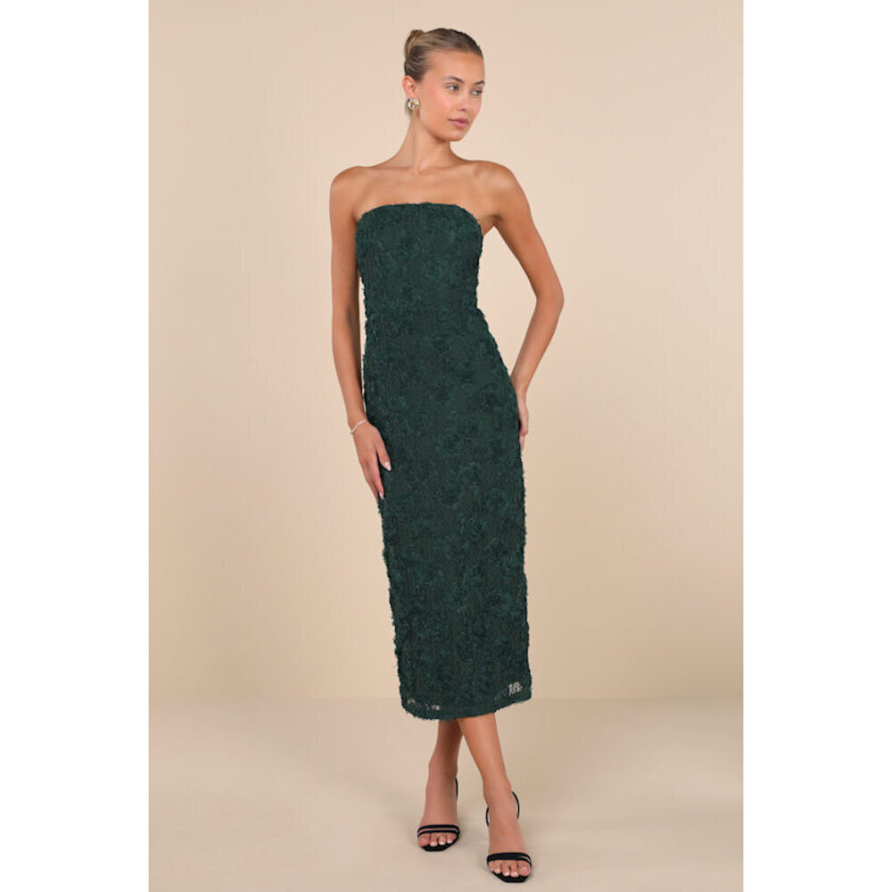 Lulus Flawless Perfection Emerald Floral Applique Strapless Midi Dress Green NEW